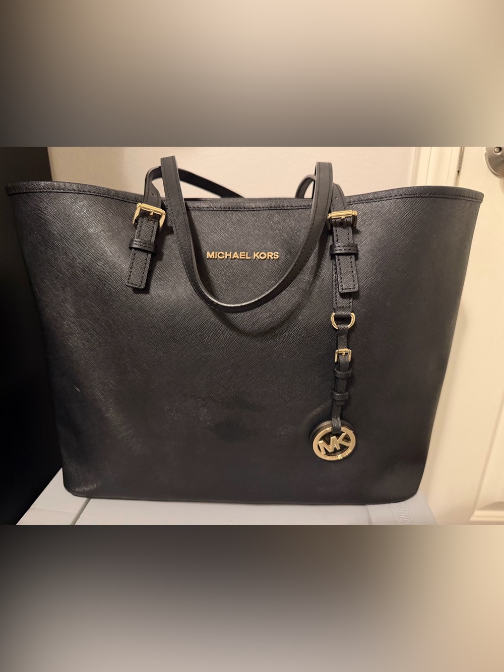 Michael Kors Black Jet Set Saffiano Leather Tote with Gold Hardware